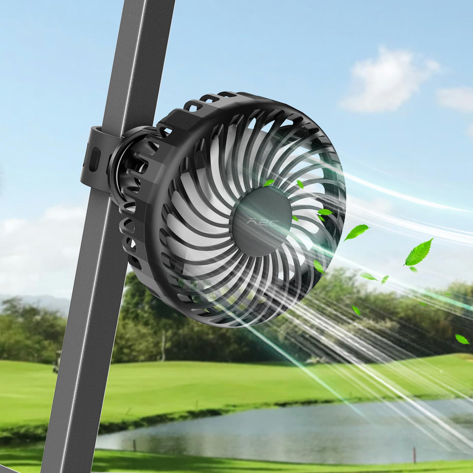 A2C golf cart fan clipped on a cart rail for easy mounting on the course