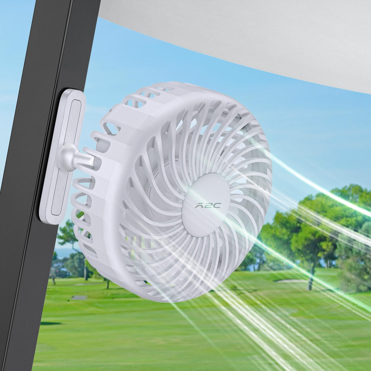 A2C magnetic golf cart fan mounted on the cart frame provides hands-free cooling during a round