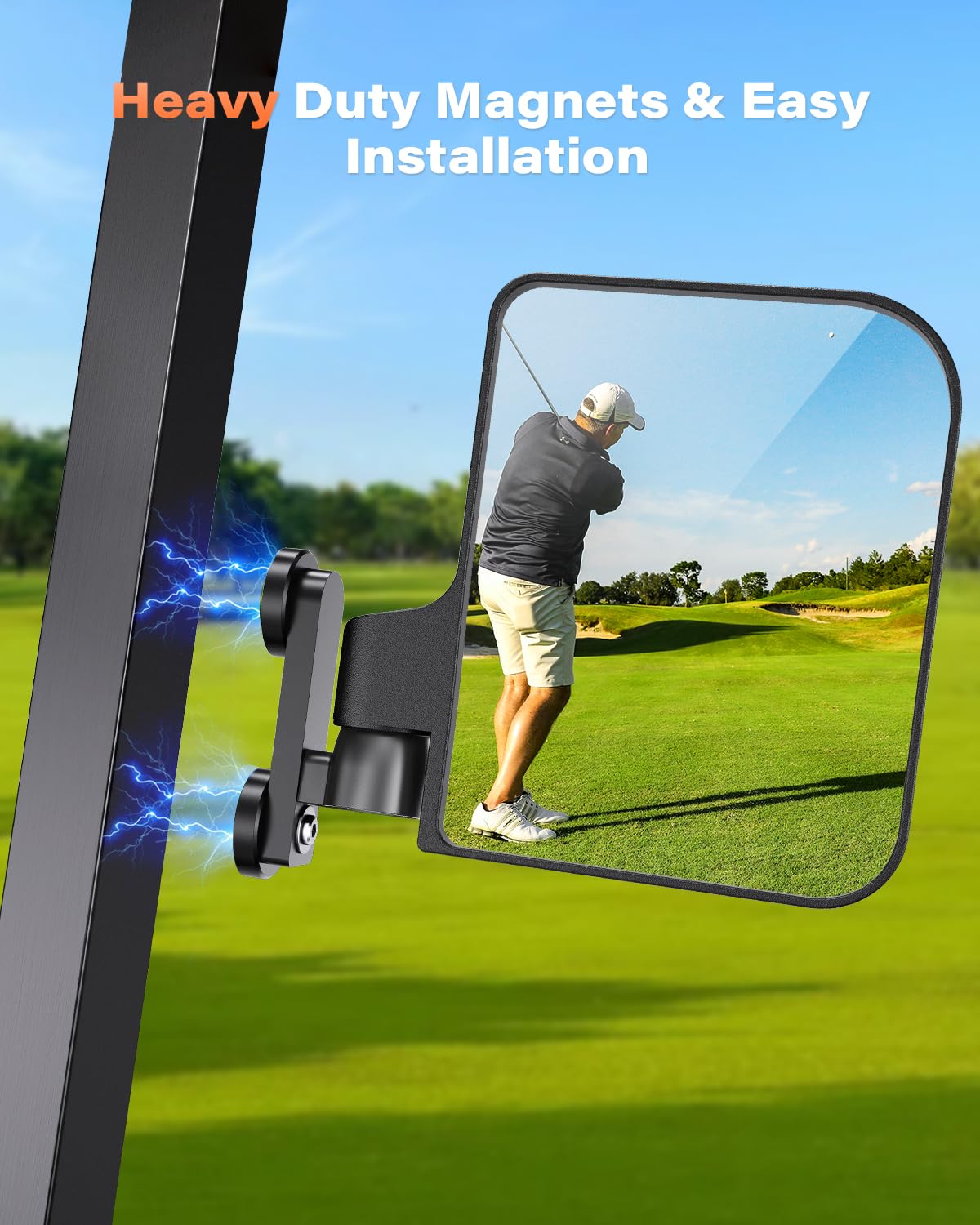 A2C universal magnetic golf cart mirrors, right view, improves rear visibility.