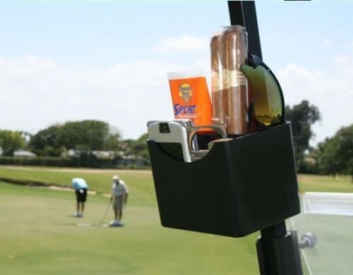 ABA Ready Caddy holder on golf cart rail keeps essentials organized during rounds.