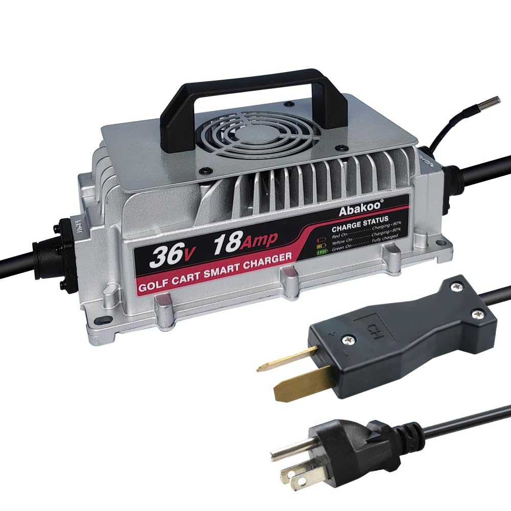 Abakoo 36V charger with crowsfoot connector for golf carts delivers reliable power.