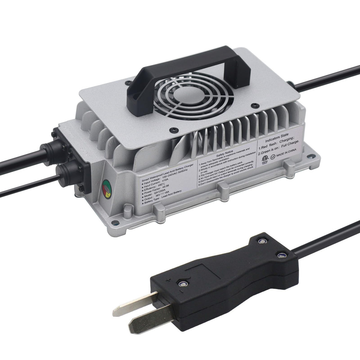 Abakoo 36V 18A charger crowfoot front view ready for use