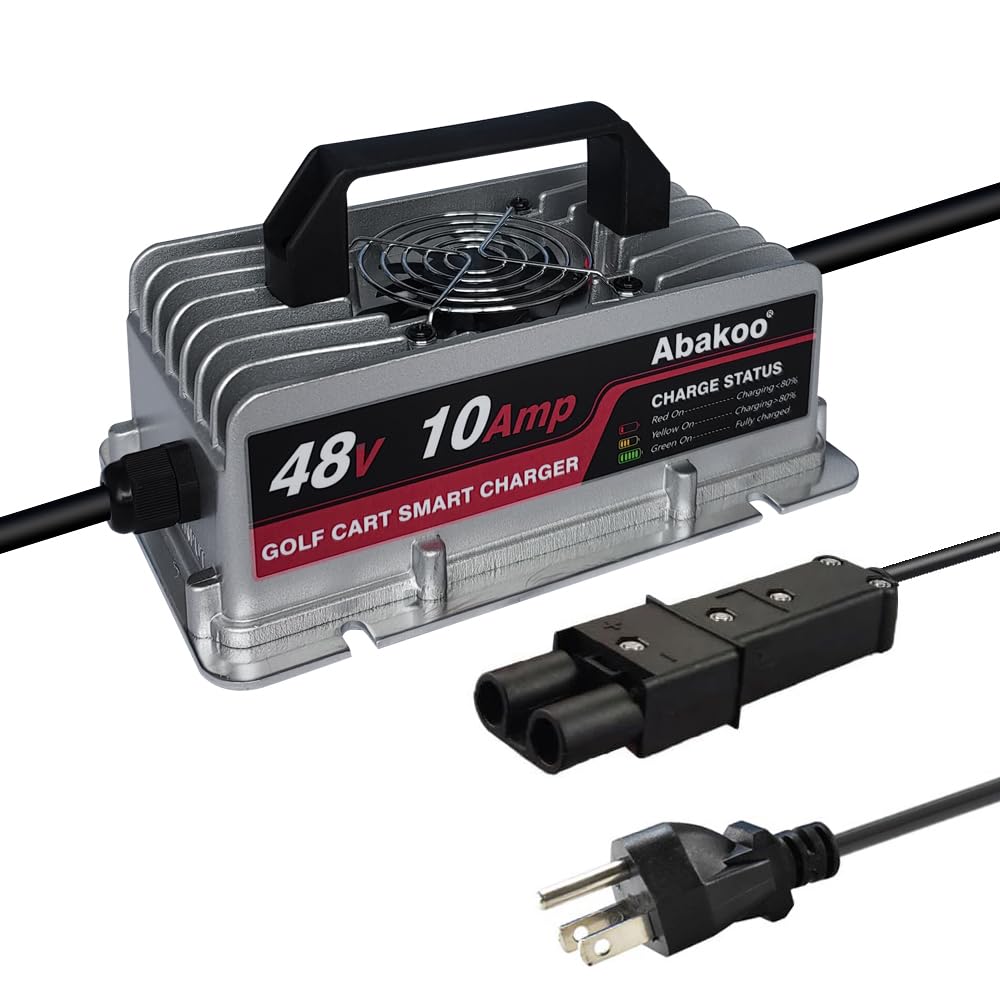 Abakoo 48V 10A charger for Yamaha G19/G22, front view, compact and easy to install.