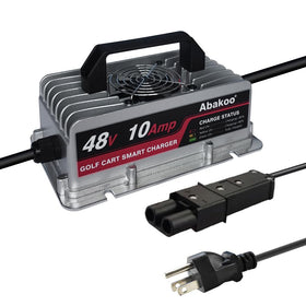 Abakoo 48V 10A charger for Yamaha G19/G22, front view, compact and easy to install.