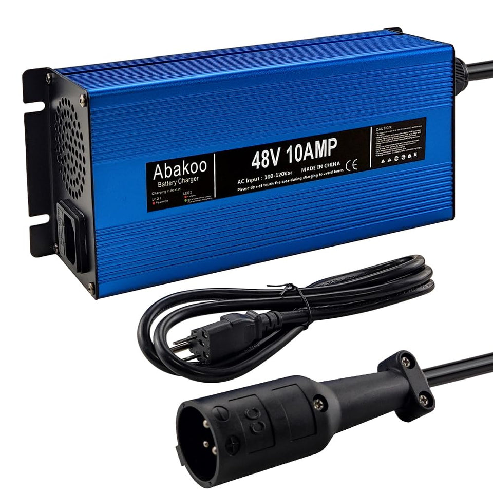 Abakoo 48V 10A Club Car charger, front view, ready for quick plug-in charging.