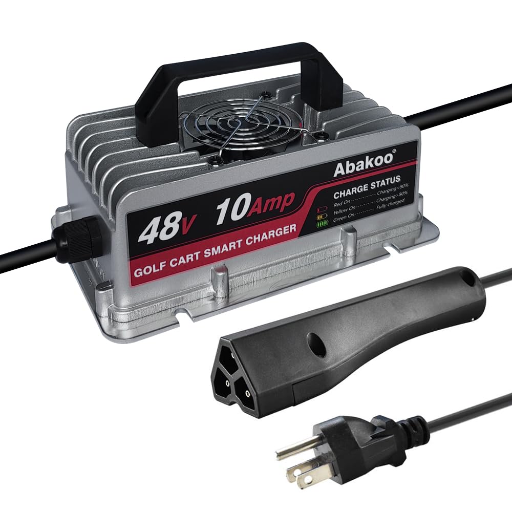 Abakoo 48V 10A RXV charger front view showing rugged outdoor-ready design