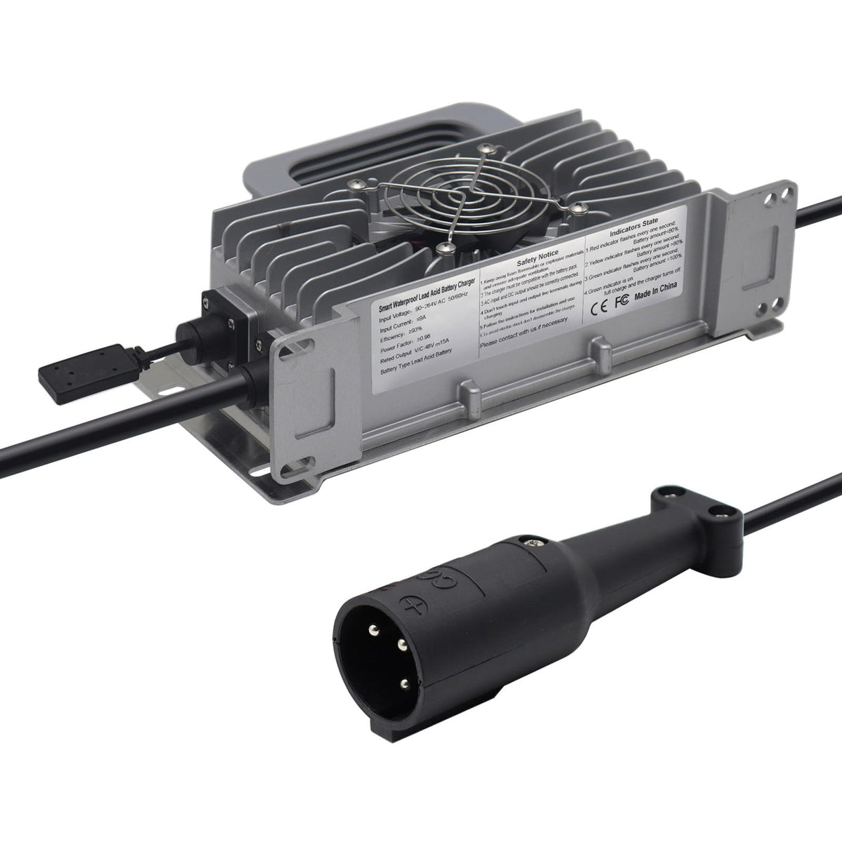 Abakoo 48V charger with round 3-pin plug for Club Car, supports fast charging.