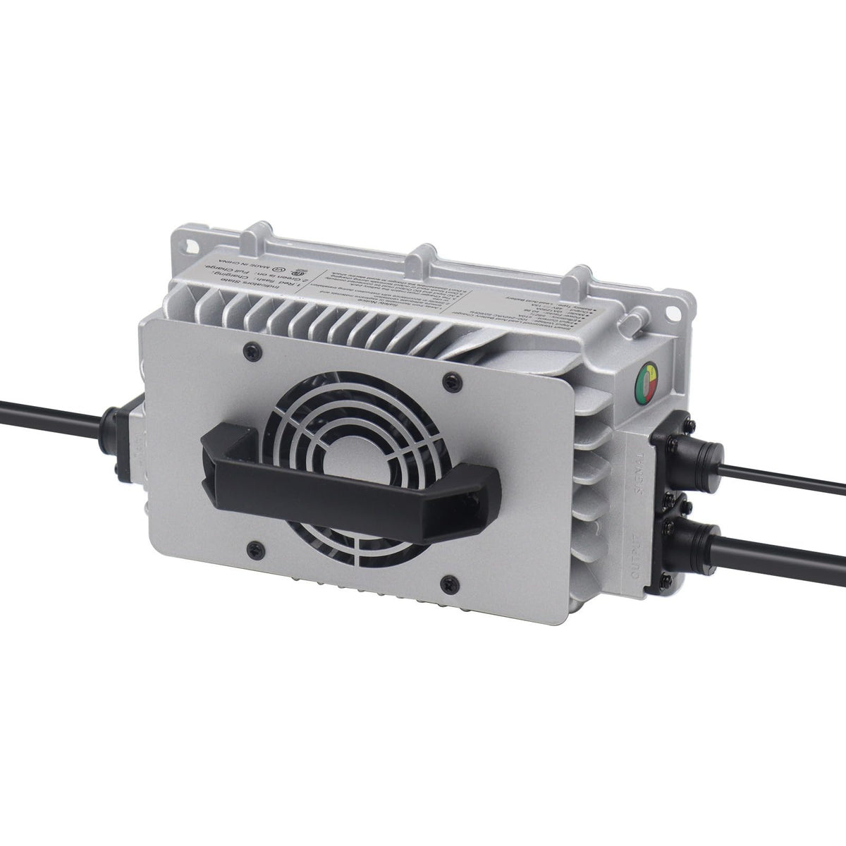 Abakoo automatic charger highlights 48V 15A compatibility and 2-pin plug.