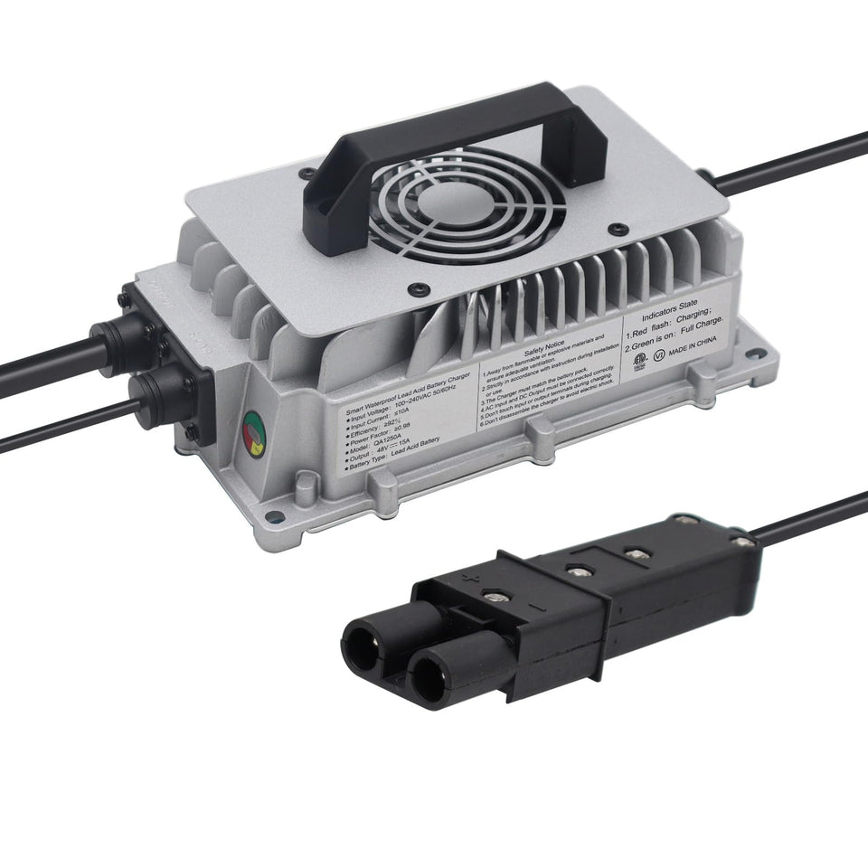 Abakoo golf cart charger with 2-pin plug showing compact 48V 15A charging.