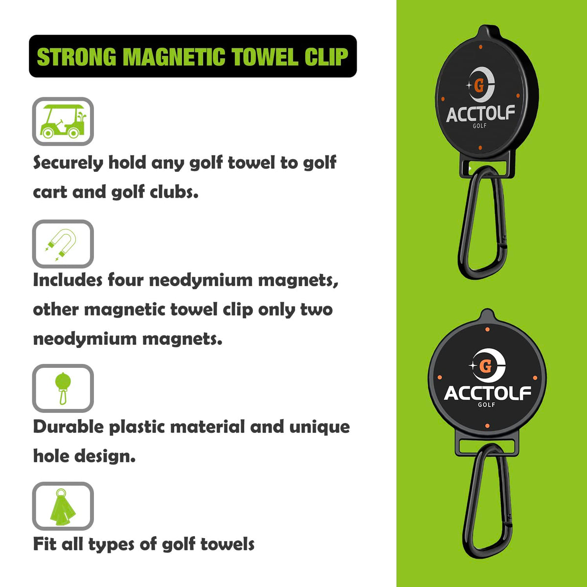 ACCTOLF clip on metal surfaces provides reliable hold on carts.