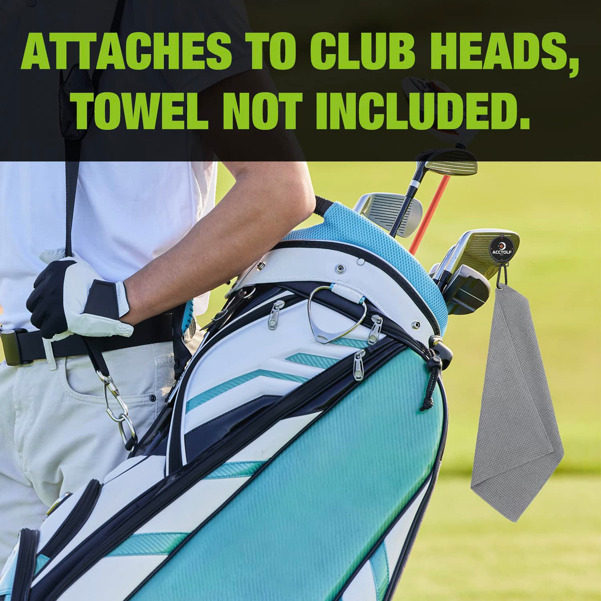 ACCTOLF magnetic towel clip secured on a golf club to prevent towel drops.