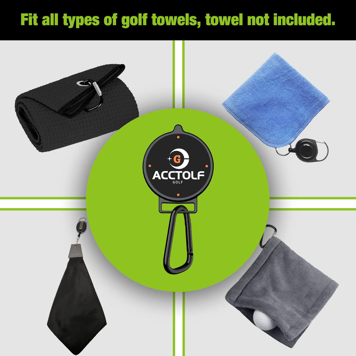 ACCTOLF magnetic towel clip set highlights easy towel management on gear.