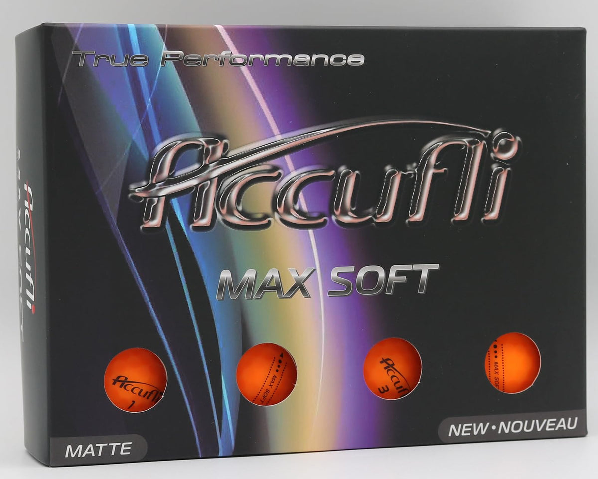 ACCUFLI Max Soft golf ball matte orange 12pk front view shows soft feel and distance potential