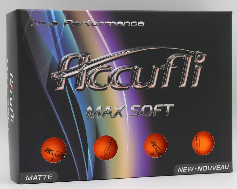 ACCUFLI Max Soft golf ball matte orange 12pk front view shows soft feel and distance potential
