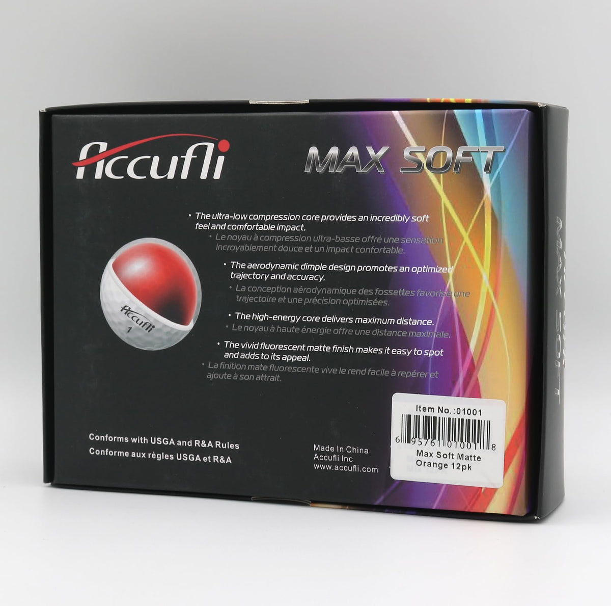 ACCUFLI Max Soft golf ball matte orange 12pk open pack highlights high visibility and practice-ready setup
