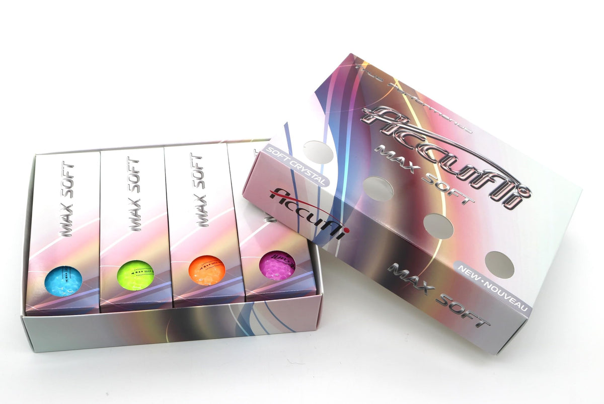 ACCUFLI Max Soft Golf Balls crystal mix close-up showing soft feel and transparent cover.