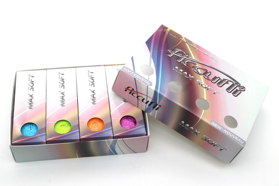 ACCUFLI Max Soft Golf Balls crystal mix close-up showing soft feel and transparent cover.