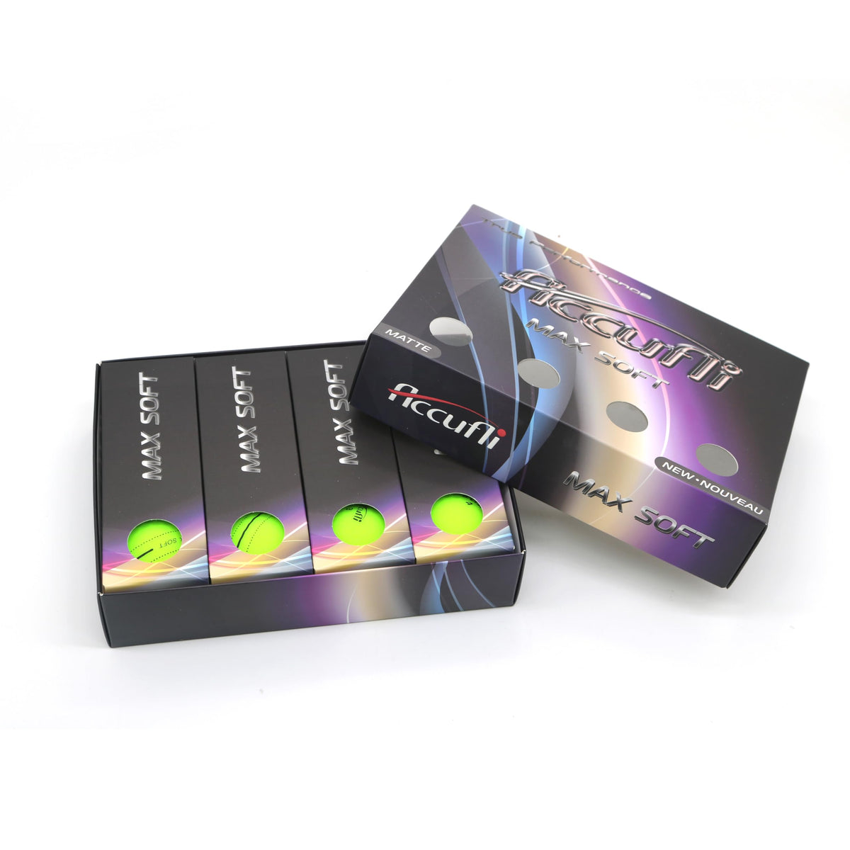 ACCUFLI Max Soft golf balls matte green packaging for on-course visibility