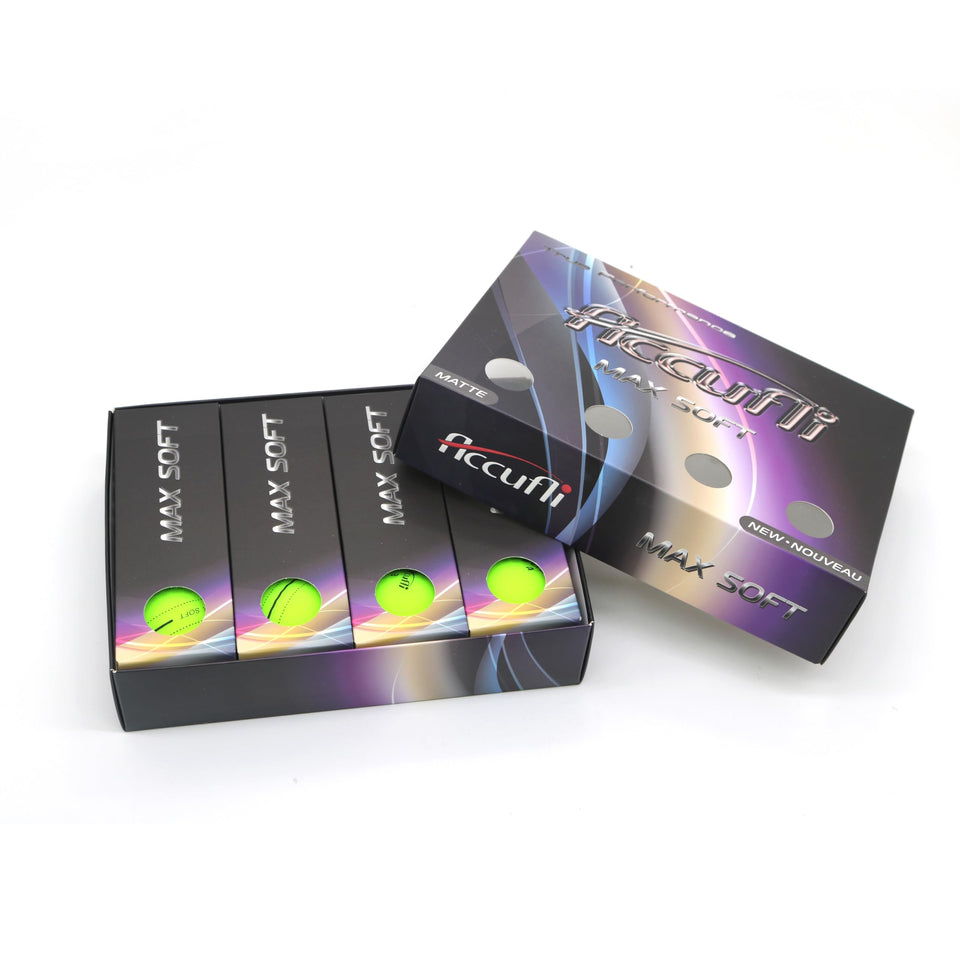 ACCUFLI Max Soft golf balls matte green packaging for on-course visibility