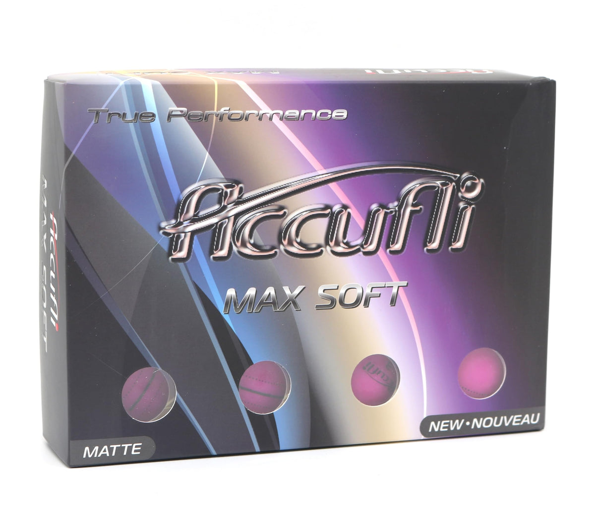 ACCUFLI Max Soft golf balls show hybrid cover and dimples for stable flight.