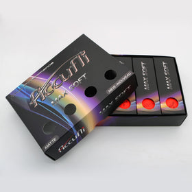 ACCUFLI Max Soft matte red balls with aerodynamic dimples for stable flight.