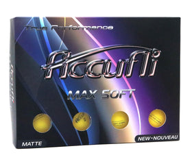 ACCUFLI Max Soft golf balls matte yellow cover, highlighting soft feel and distance potential.