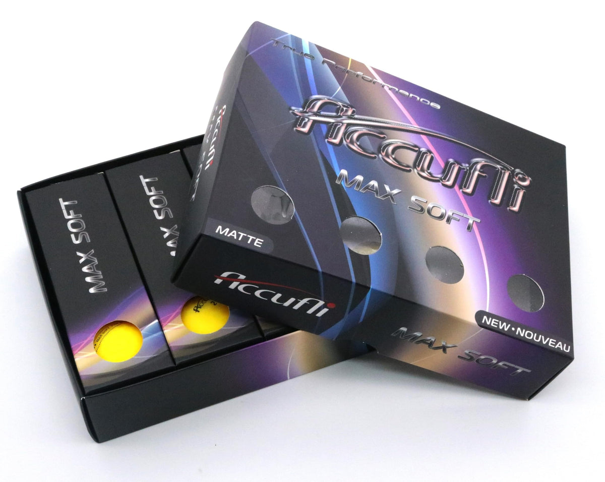 ACCUFLI Max Soft golf balls in flight with aerodynamic dimples for improved stability.