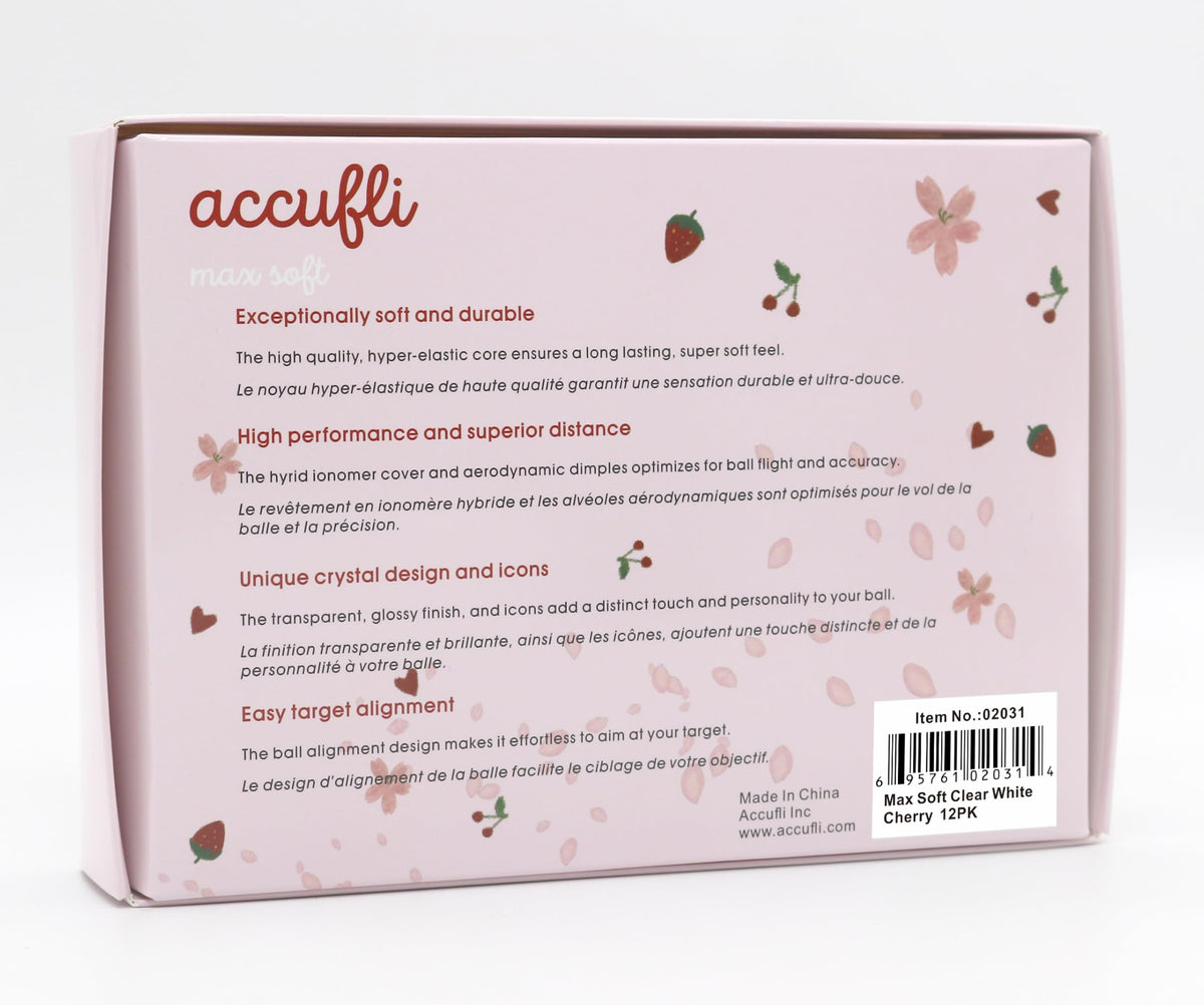 ACCUFLI Max Soft Icon Cherry balls featuring hybrid ionomer cover for durability and distance