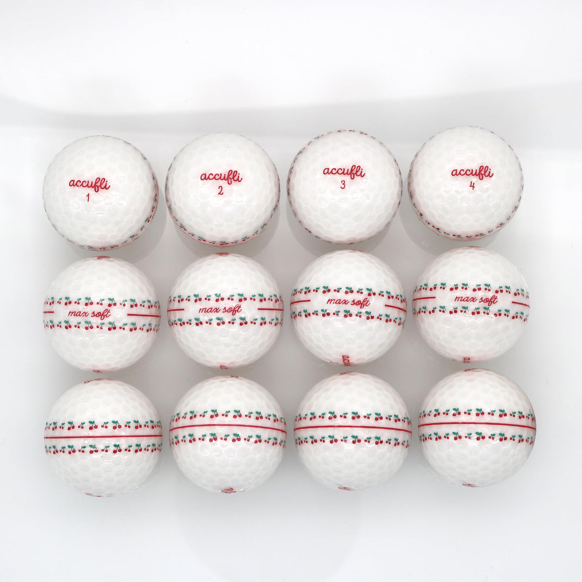 ACCUFLI Max Soft Icon Cherry balls featuring engraved icons for personal style and visibility