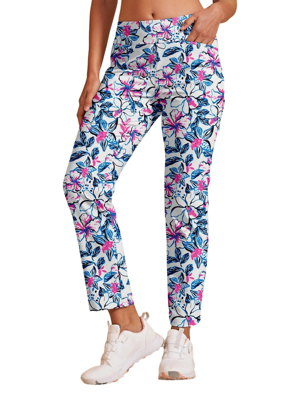 ACEGOLFS white floral golf pants front view showing breathable design for all-day comfort