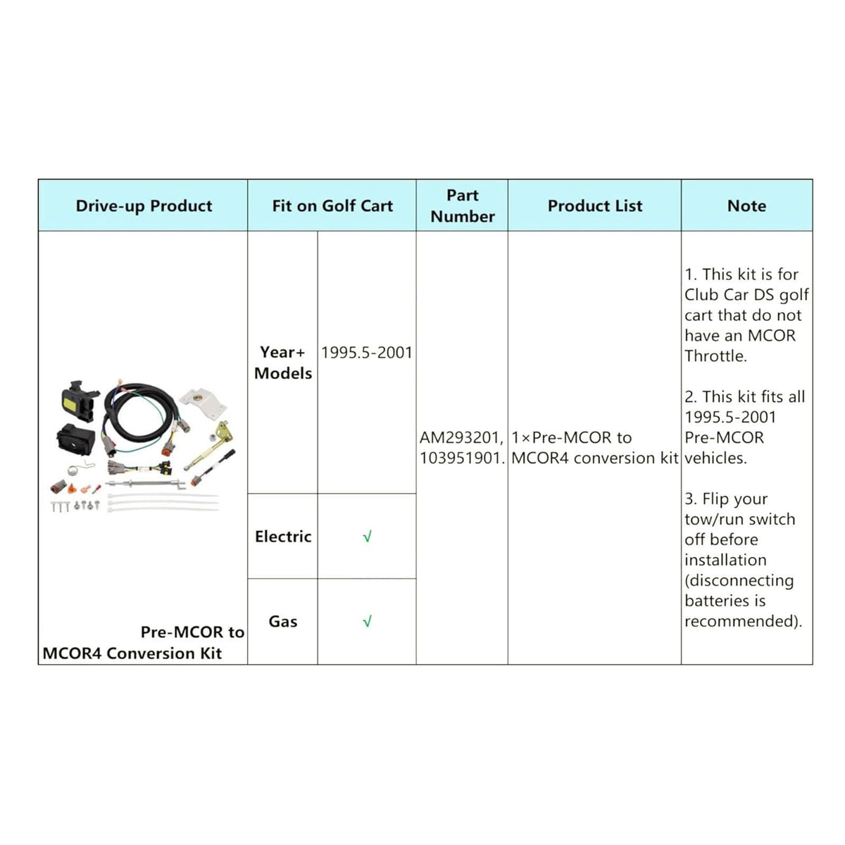 Acouto AM293201 pre-MCOR4 kit compatibility check with OE numbers.