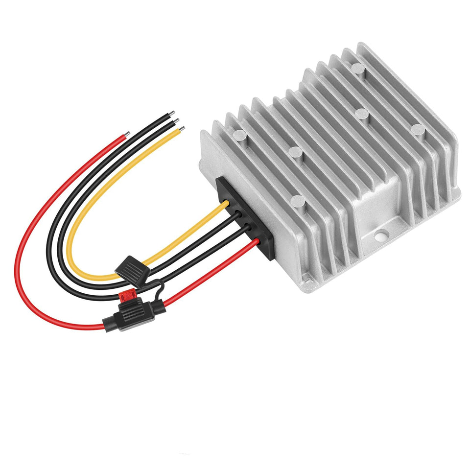 Acridine DC-DC converter front view demonstrates compact rugged design for reliable golf cart power.