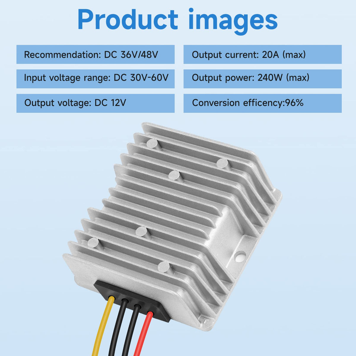 Acridine DC-DC converter side view with aluminum housing and IP68 sealing for outdoor use.