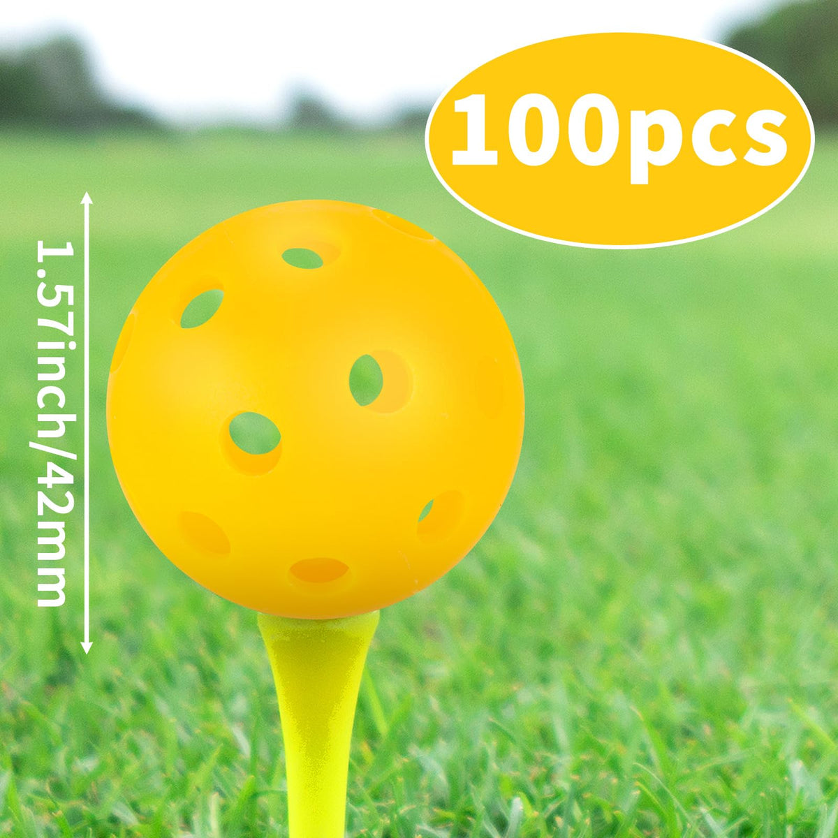 Adecortalk yellow plastic golf ball close-up showing durable build and visibility.