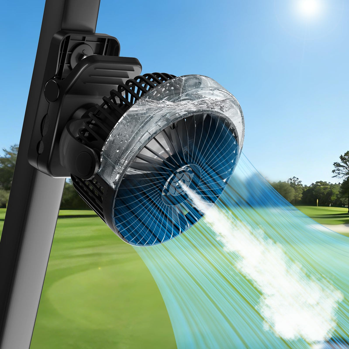 ADUST magnetic base secures the golf cart fan for stable cooling on the course