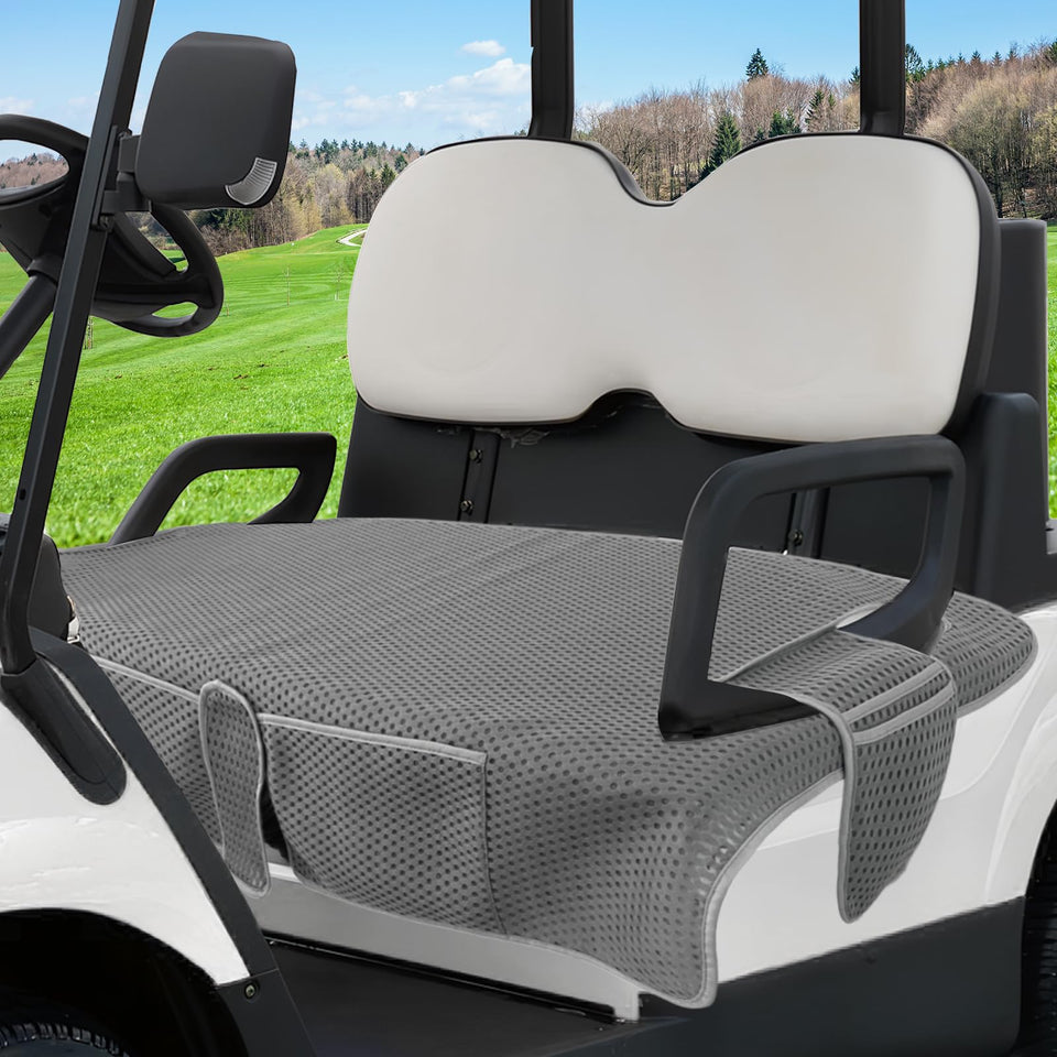 AEROiVi universal-fit golf cart seat cover protecting two-person cart seats.