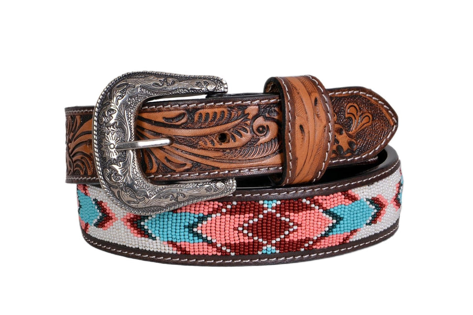 Affilare Western beaded belt with removable buckle for versatile styling.