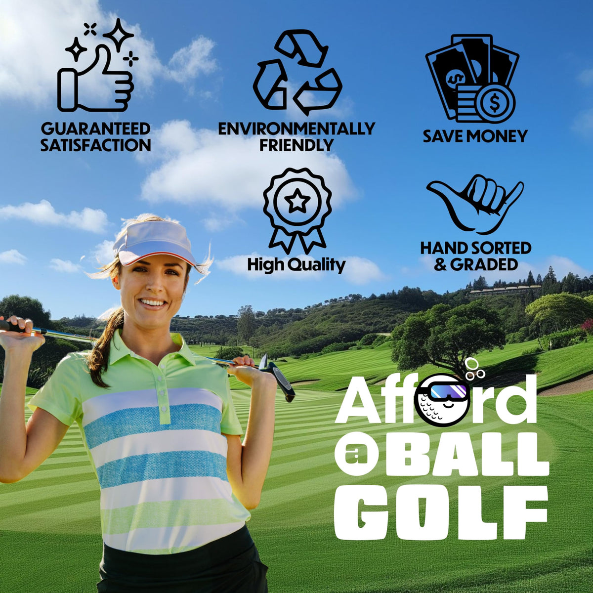 Afford-A-Ball Golf white and yellow balls with varying grades for play.
