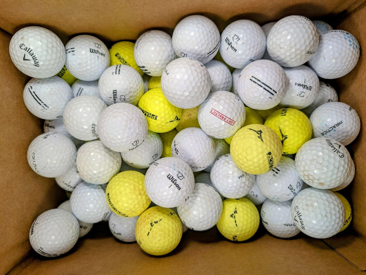 Affordaball Golf hitaway balls for practice swings in a mixed-brand pack.