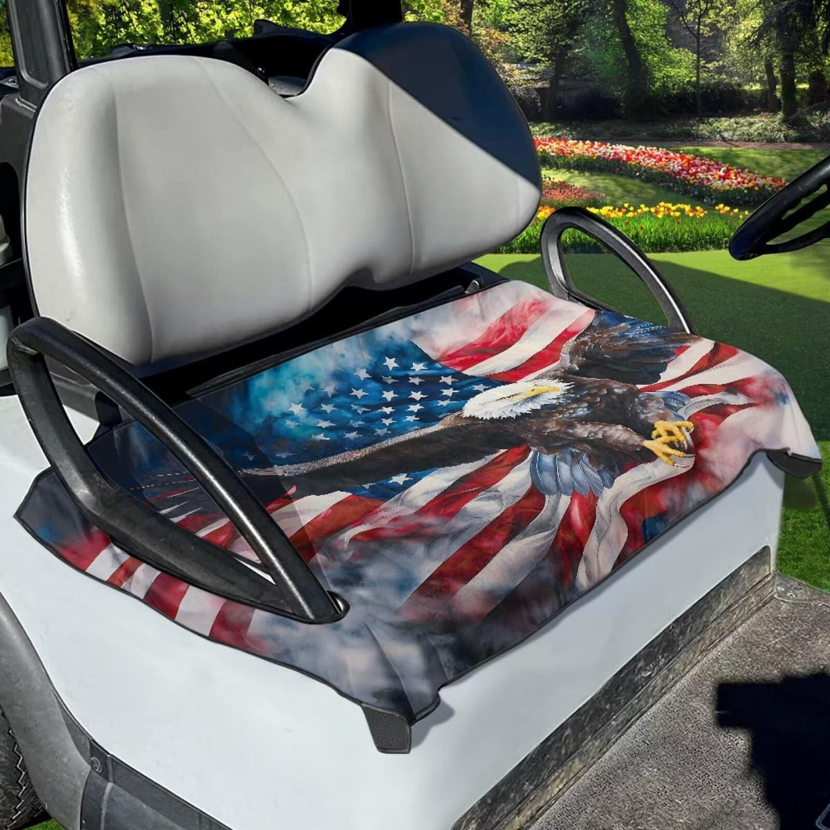 AFPANQZ American Flag Eagle seat cover on a golf cart for durable comfort