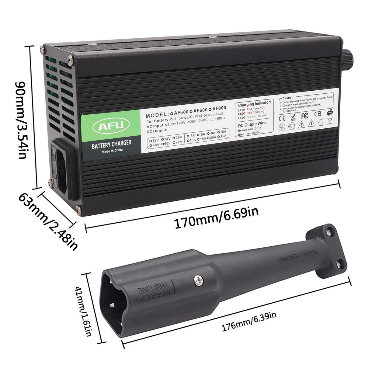 AFU charger with aluminum shell and cooling fan for safe heat management.