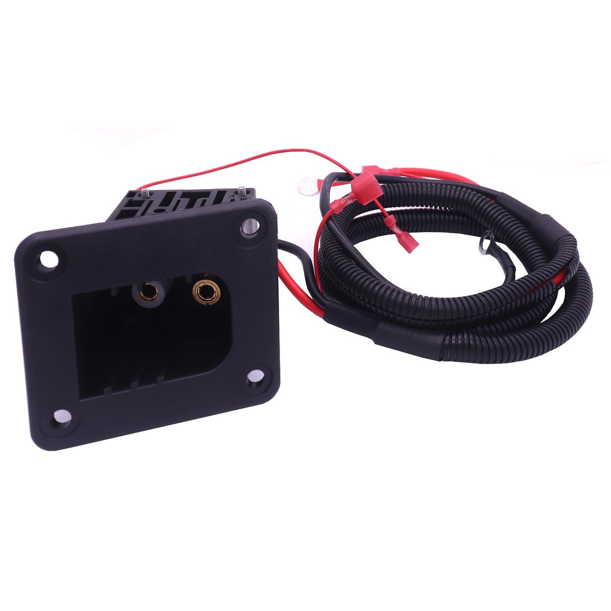 AFU EZGO TXT 36V charger receptacle close-up shows durable black plastic construction.