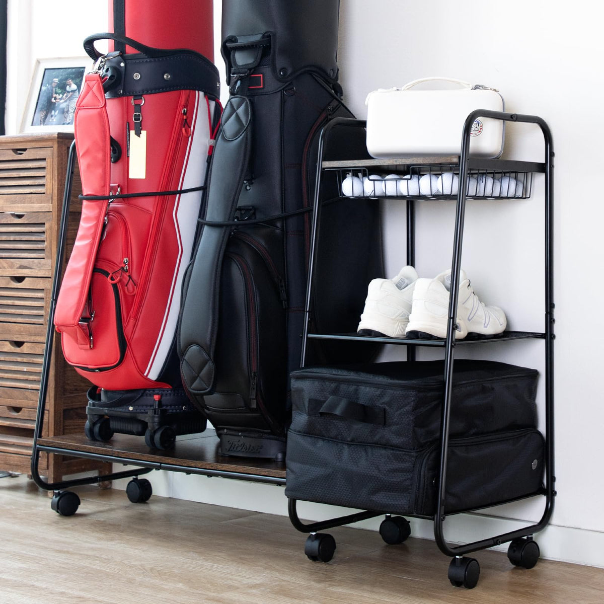 AGUstrike golf bag storage organizer front view keeps bags secure.