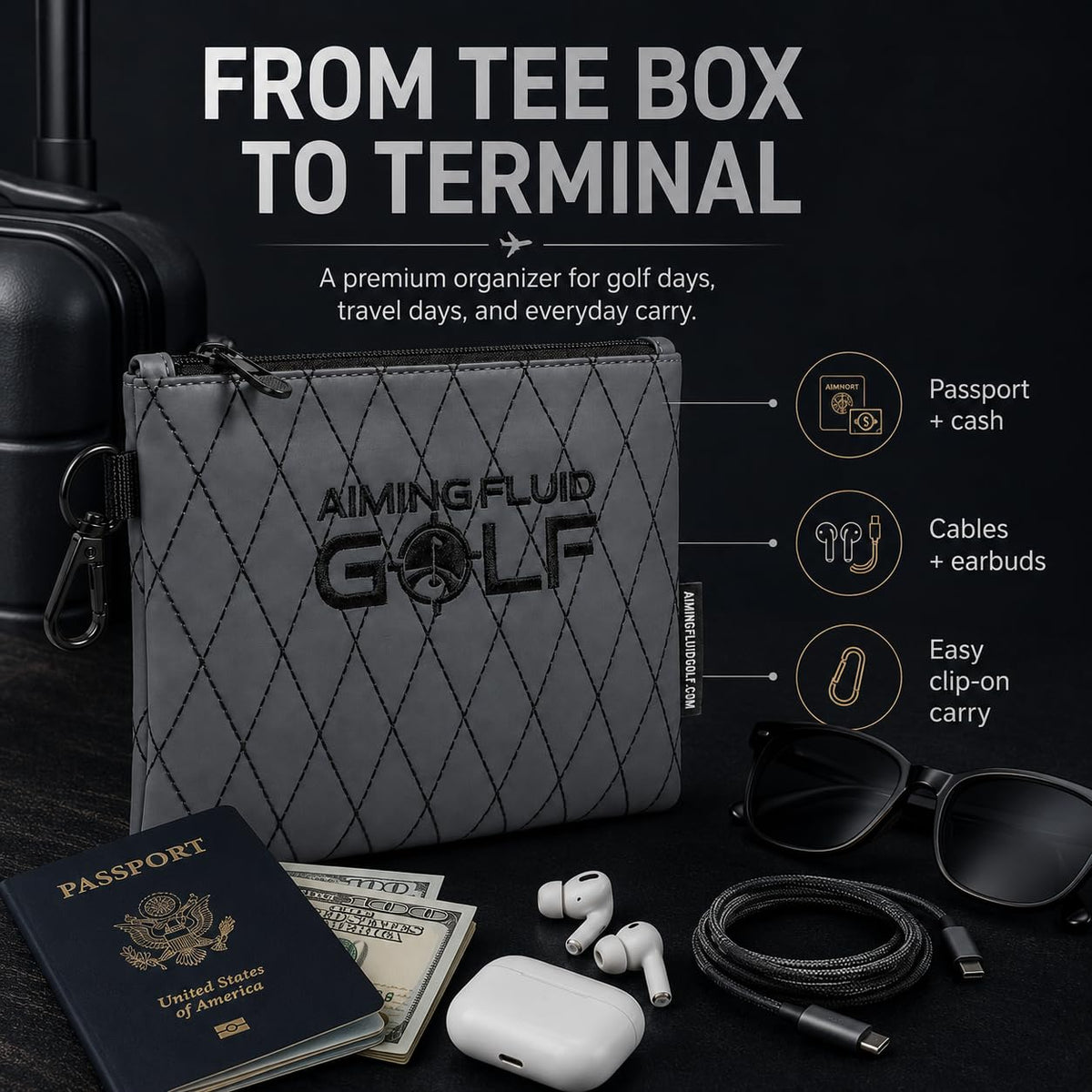 Aiming Fluid Golf compact travel pouch stores tees, cards, keys, and small essentials neatly