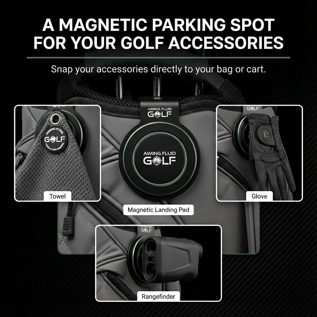 Aiming Fluid Golf Magnetic Landing Pad soft-safe layer protects gear and bag fabric.