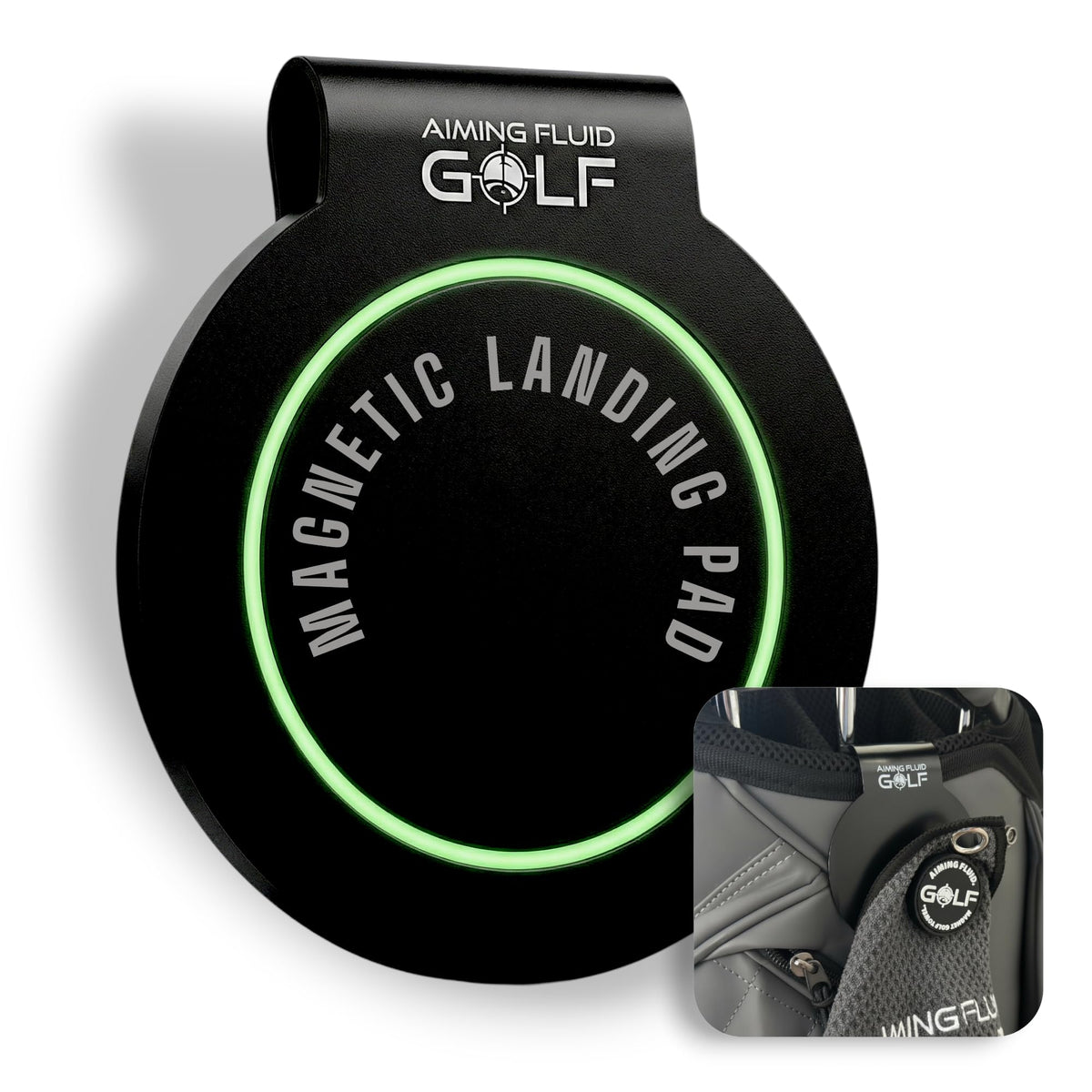 Aiming Fluid Golf Magnetic Landing Pad with steel core secures towels and tools.