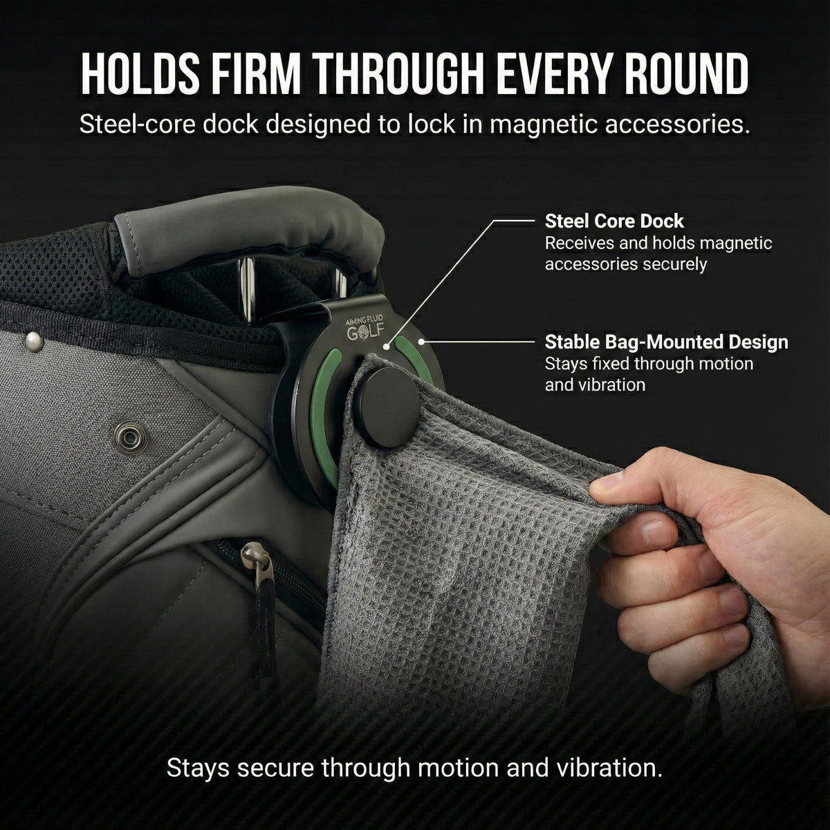 Aiming Fluid Golf Magnetic Landing Pad towel-holder in action for quick access.