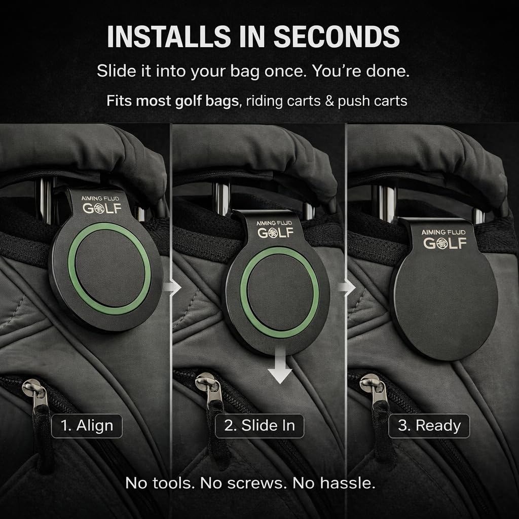 Aiming Fluid Golf Magnetic Landing Pad universal-fit clip attaches to any golf bag.