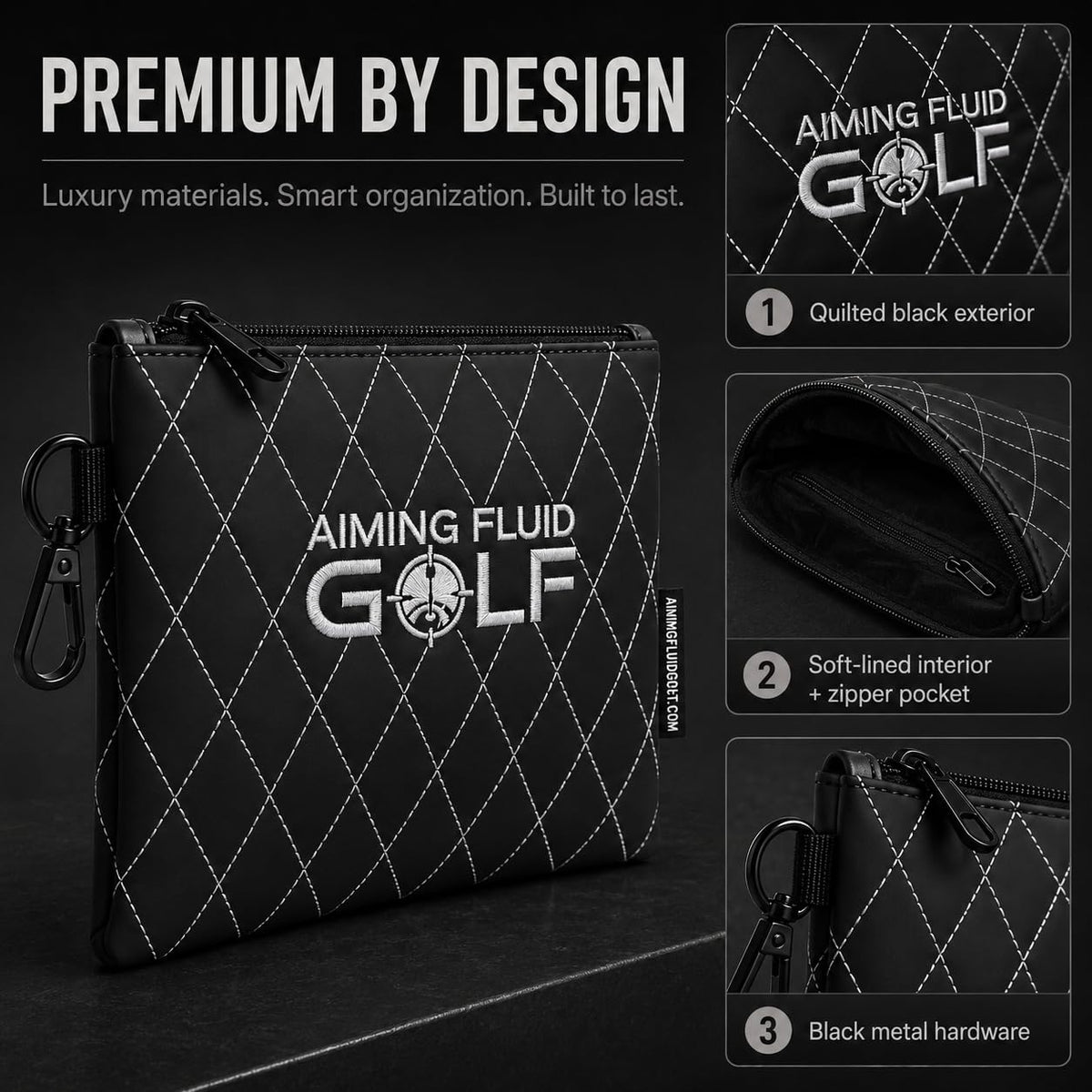 Aiming Fluid Golf pouch with 360 swivel clip ensures quick access on the move.