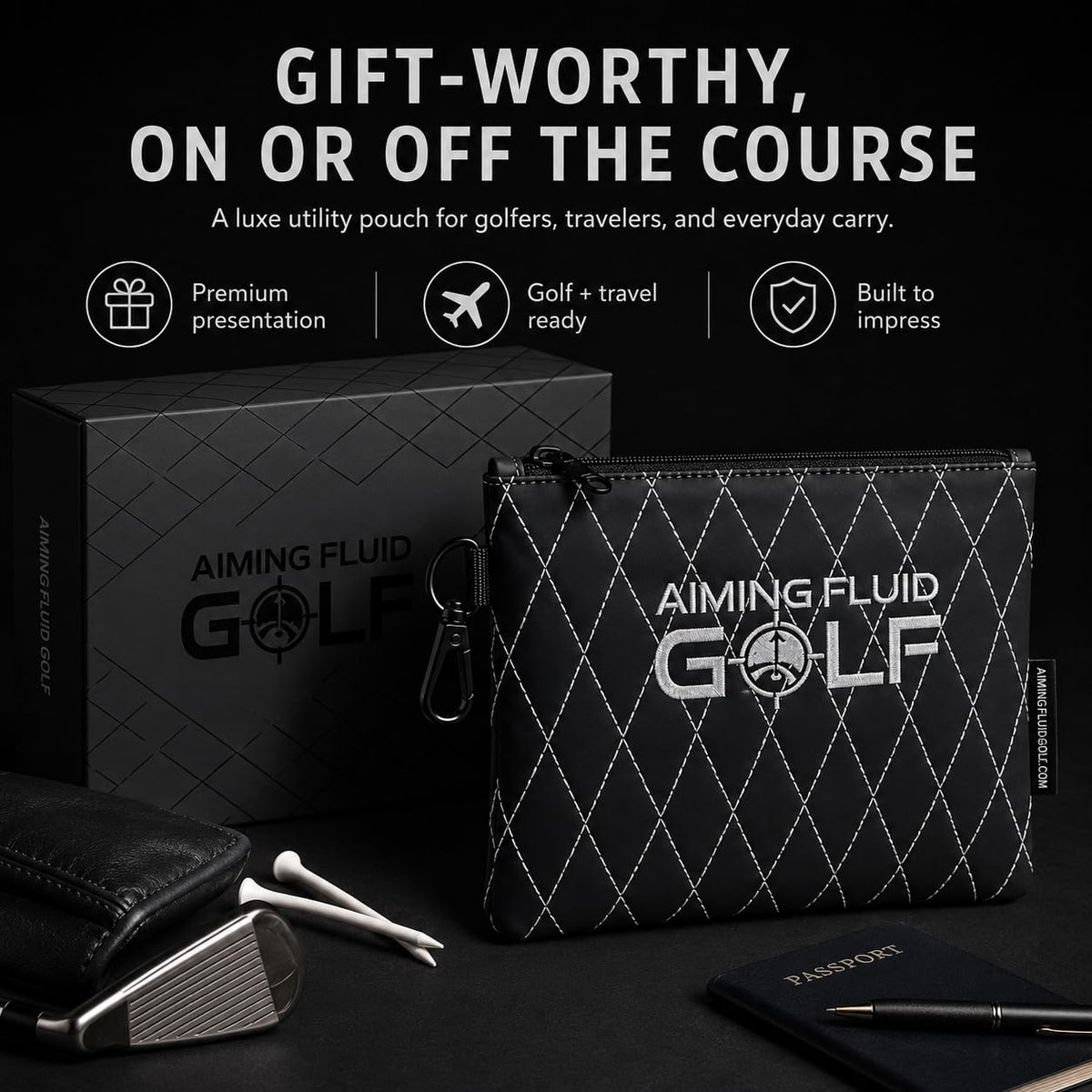 Aiming Fluid Golf clip attachment shows secure bag attachment for easy reach.